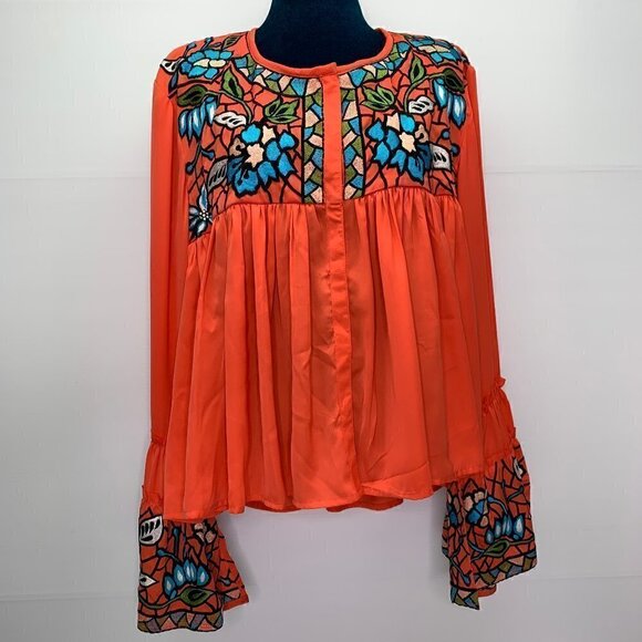 KAS New York Malo Blouse Large Embroidered Ruffle Boho Stained Glass Top - Picture 3 of 15